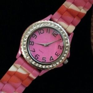 Pink silicone boyfriend watch rhinestone bezel